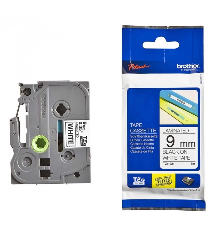 CINTA LAMINADA BROTHER TZE221 - TEXTO NEGRO SOBRE FONDO BLANCO - ANCHO 9MM - LONGITUD 8M