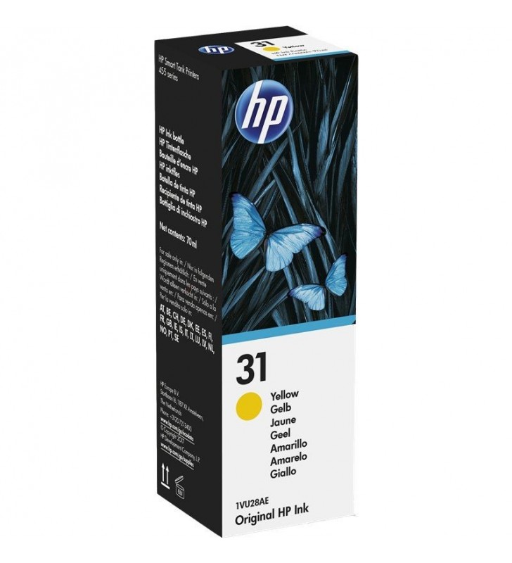 BOTELLA DE TINTA AMARILLA HP Nº31 - CONTENIDO 70ML - 8000 PÁGINAS - COMPATIBILIDAD SEGÚN ESPECIFICACIONES