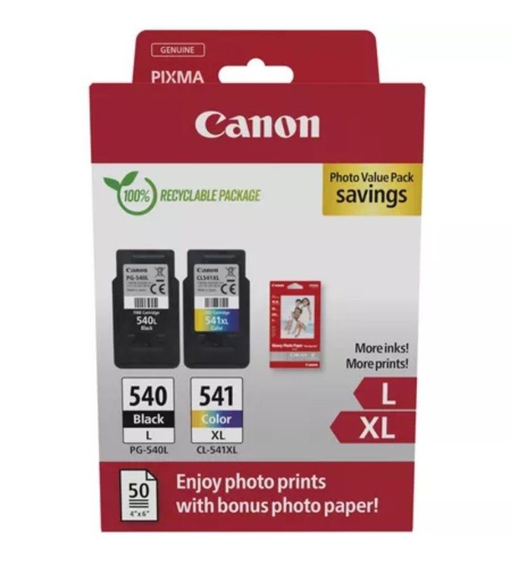 Cartucho de Tinta Original Canon PG-540L + CL-541 XL Multipack Alta Capacidad/ Negro/ Tricolor + Papel Fotográfico