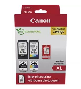 Cartucho de Tinta Original Canon PG-545XL + CL546XL Multipack Alta Capacidad/ Negro/ Tricolor + Papel Fotográfico