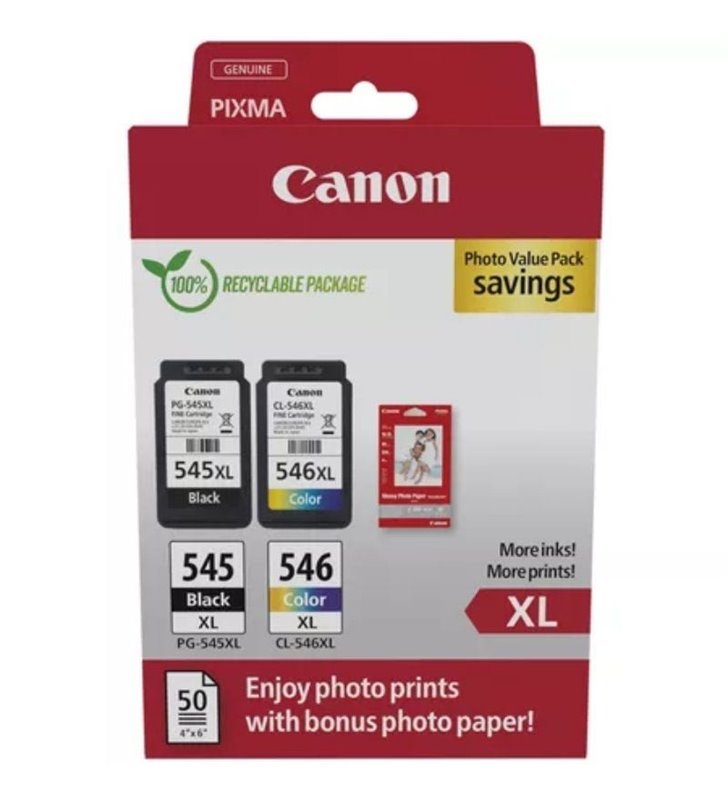 Cartucho de Tinta Original Canon PG-545XL + CL546XL Multipack Alta Capacidad/ Negro/ Tricolor + Papel Fotográfico