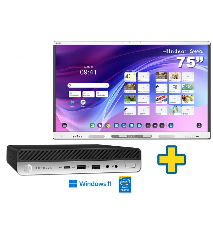 SMART Board MX275-V5 75 + ORDENADOR HP PRODESK 600 G5 I5-9500T 8GB NVME 256GB WIFI Mini WIN 11 PROF. 64BIT EDUCACION OCASIÓN